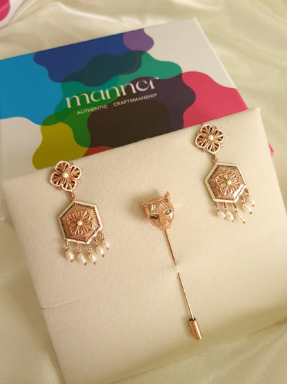 Magnolia Earrings & Panther Lapel Pin- Gift Box For Him and Her - Sterling Silver