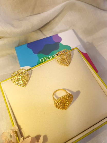 Rakaan Gold Plated Heart Stud Earrings with Heart Ring - Gift Box For Women - Sterling Silver