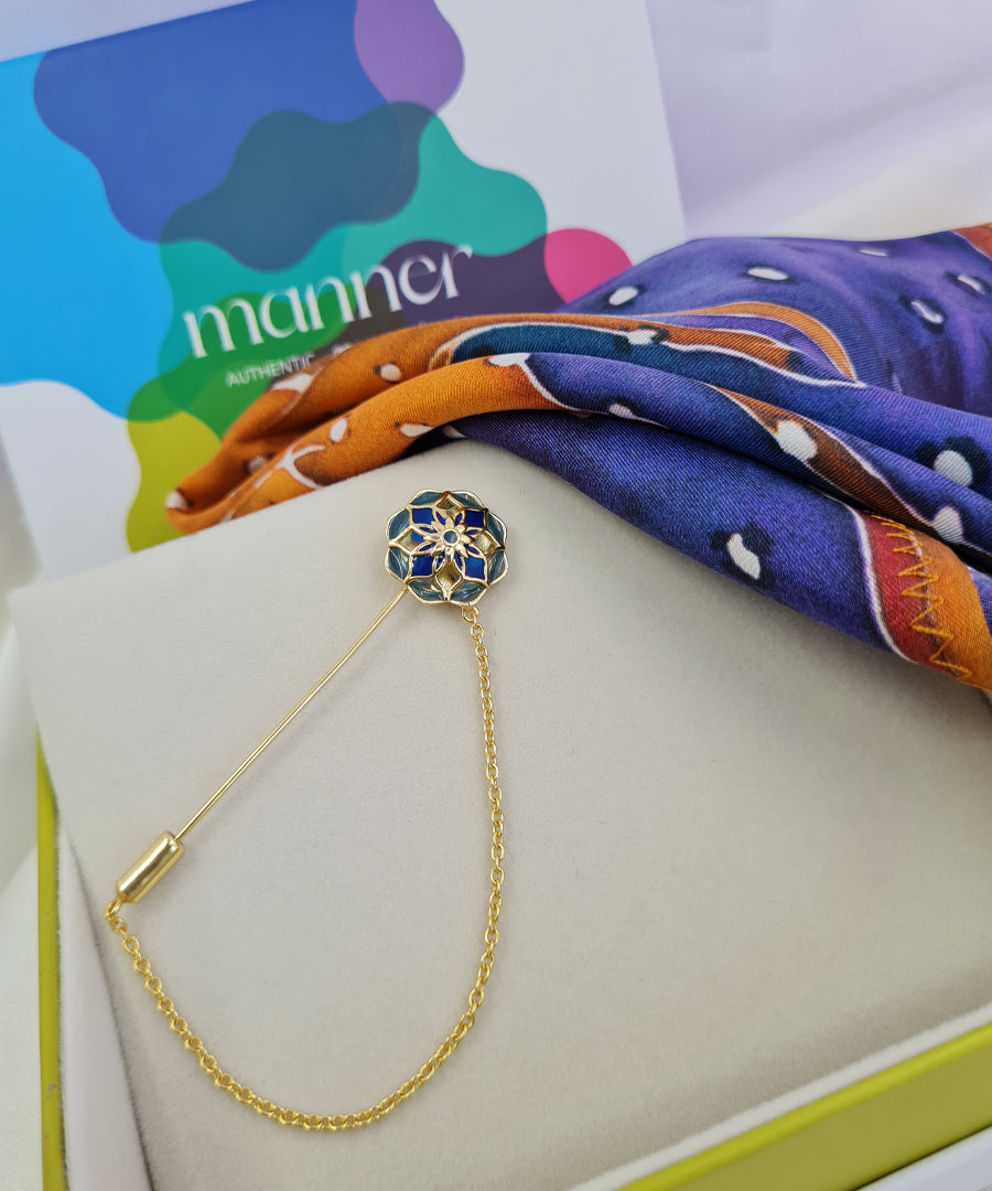Premium 925 silver lapel pin with a vibrant hand-painted silk pocket square for modern gentlemen.