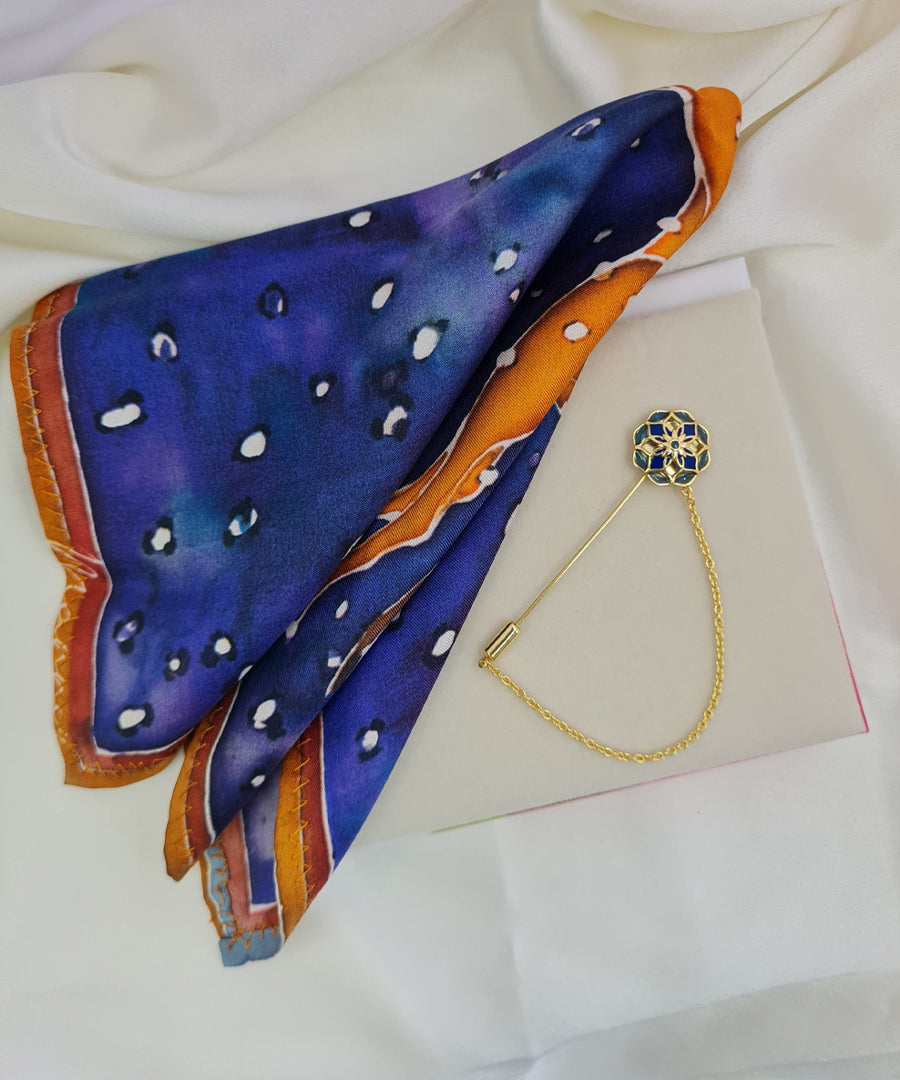 925 sterling silver lapel pin with hand-painted pure silk pocket square for men.