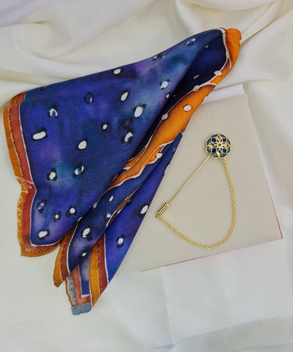 925 sterling silver lapel pin with hand-painted pure silk pocket square for men.