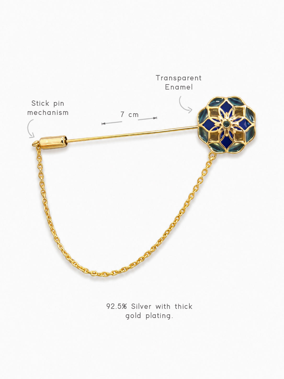Wedding-ready 925 sterling silver lapel pin blue meenakari, gold plated perfect for weddings and festive occasions.
