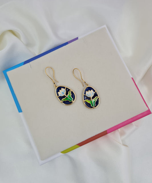 Small lotus hook earrings in 925 sterling silver, gold-plated with intricate meenakari detailing.