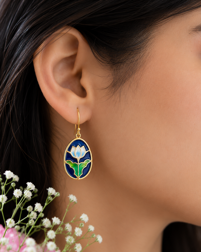 Women's handcrafted floral earrings in 925 sterling silver with premium gold plating and enamel details.
