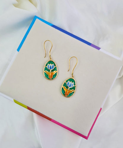 Handcrafted small lotus hook earrings with meenakari details in 925 silver, gold-plated finish.