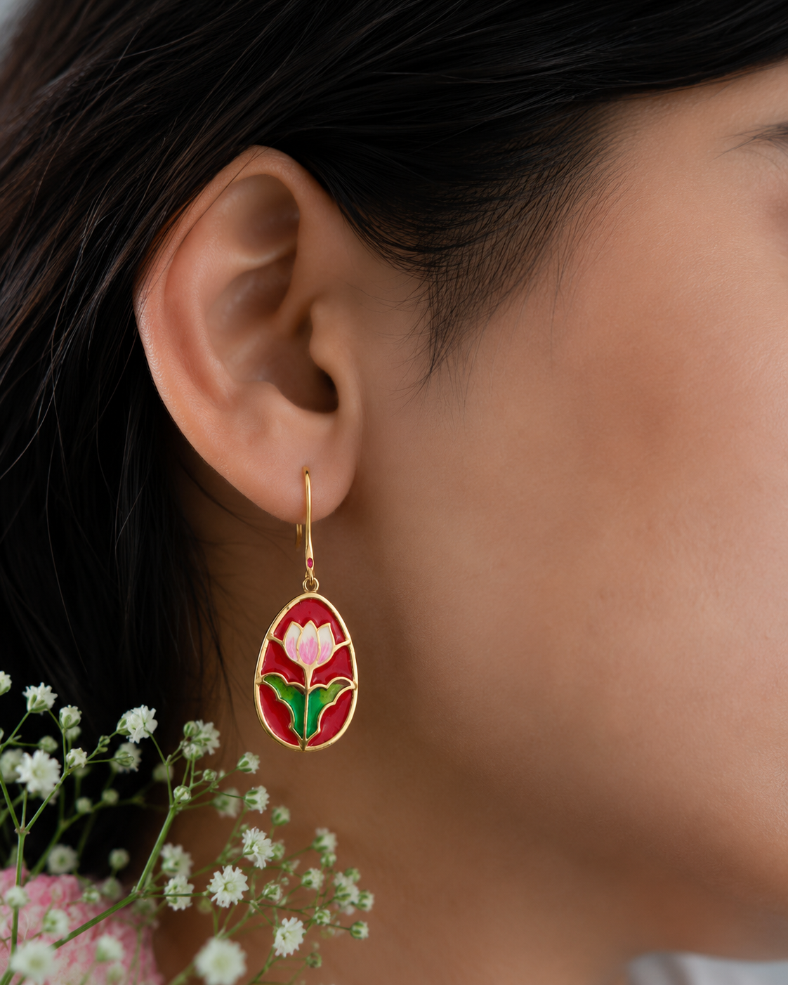 Vibrant enamel statement earrings in gold-plated sterling silver for modern festive styling.