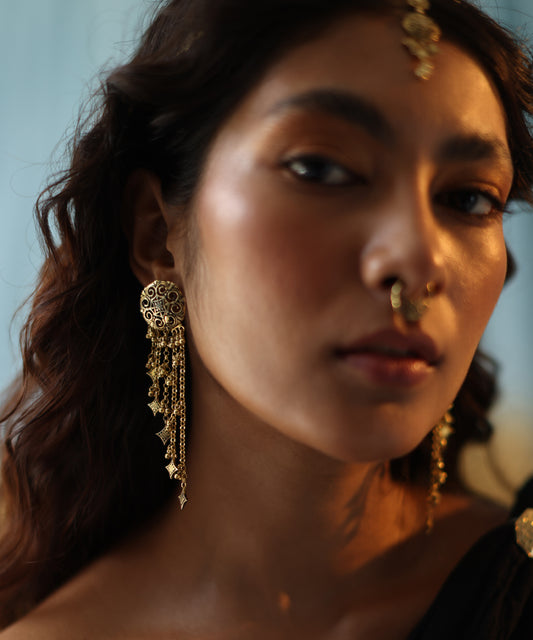 Thar Dhora Long Earrings - Gold Oxide Finish