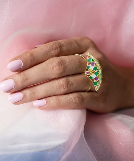 Ruya Silver Gold-Plated Green Zircon Adjustable Ring