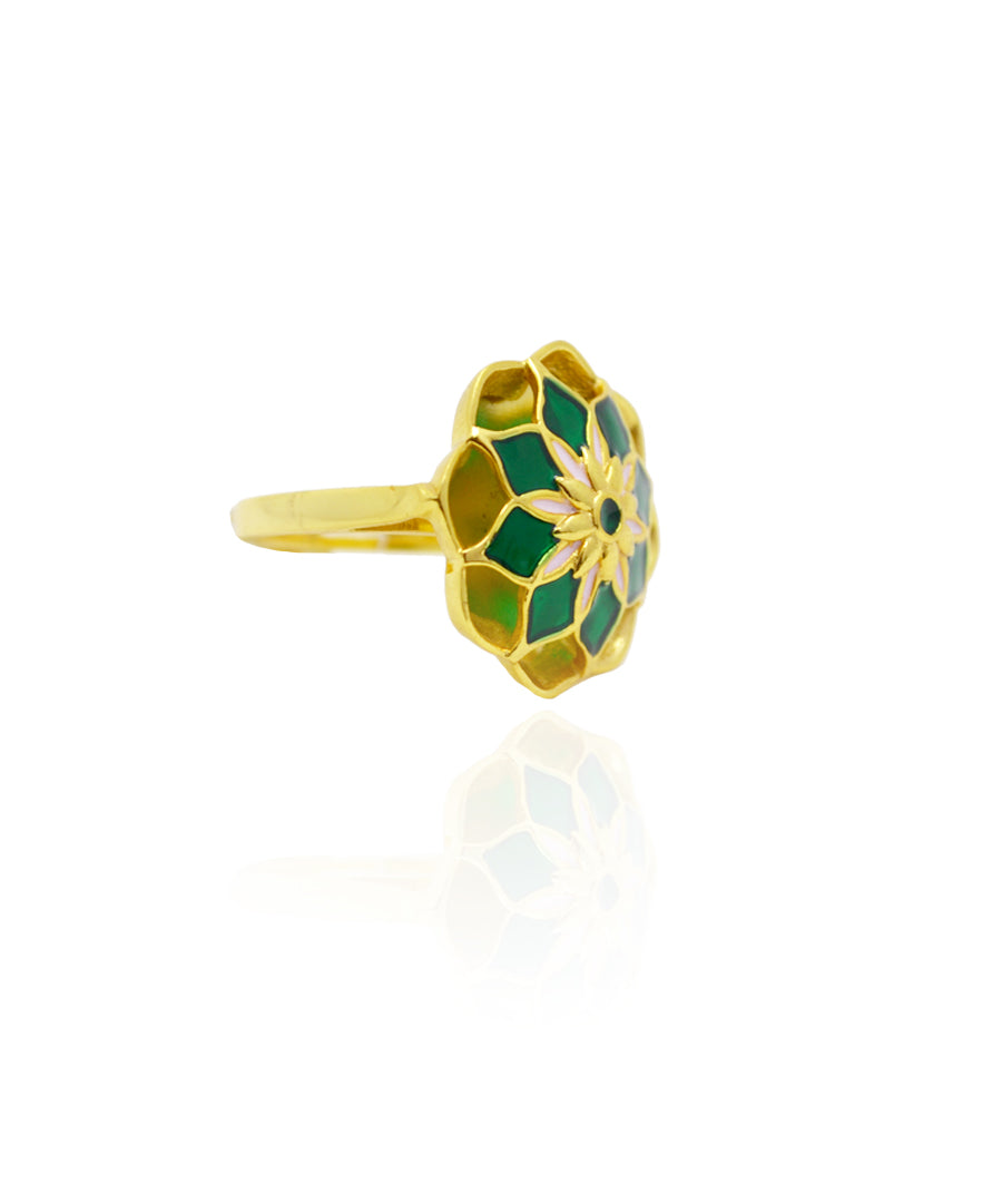 Gul Silver Green Azizi Ring – Meenakari Cocktail Ring In Gold Finish