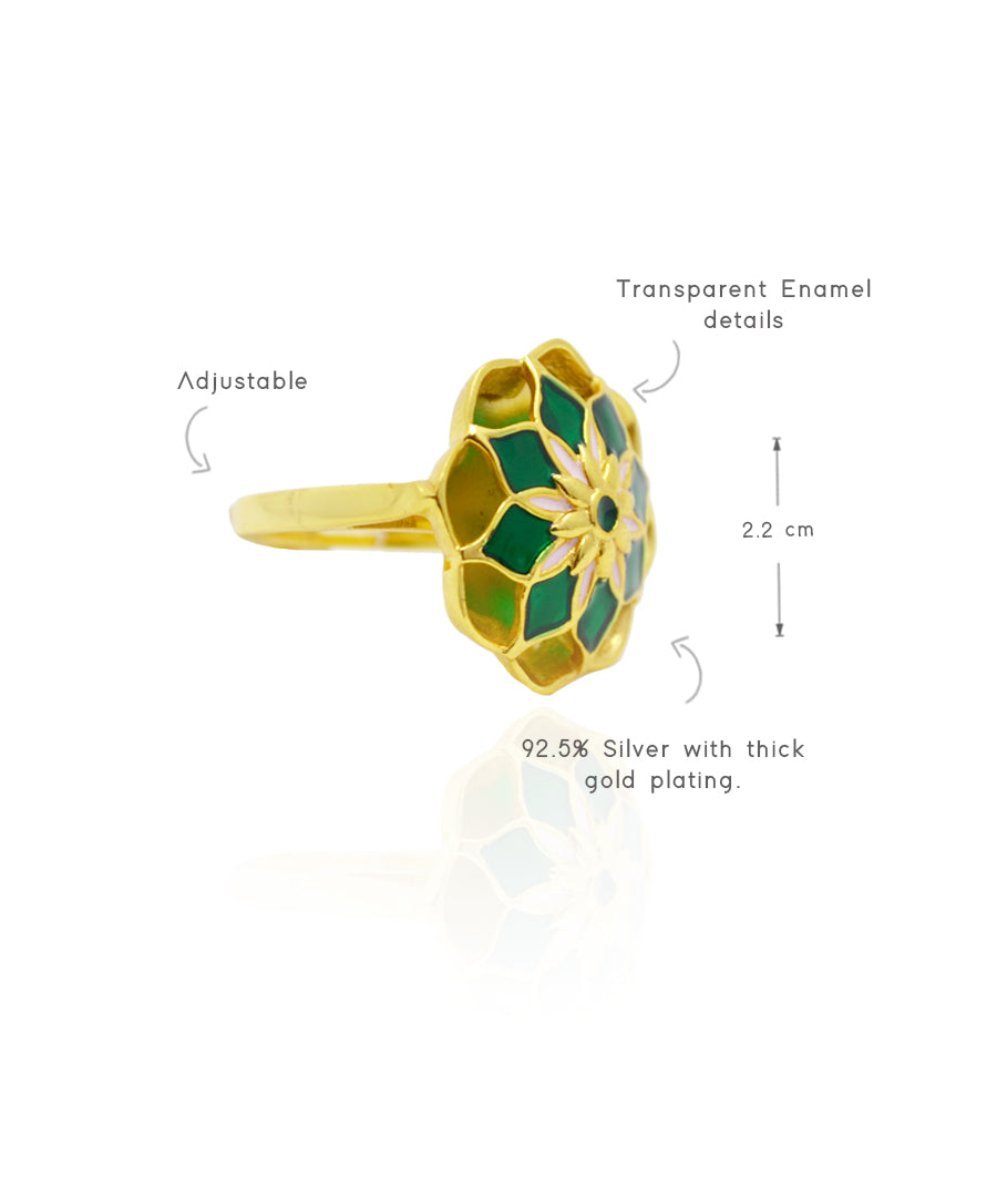 Gul Silver Green Azizi Ring – Meenakari Cocktail Ring In Gold Finish