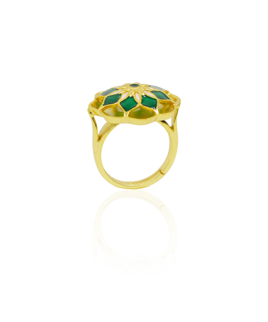 Gul Silver Green Azizi Ring – Meenakari Cocktail Ring In Gold Finish