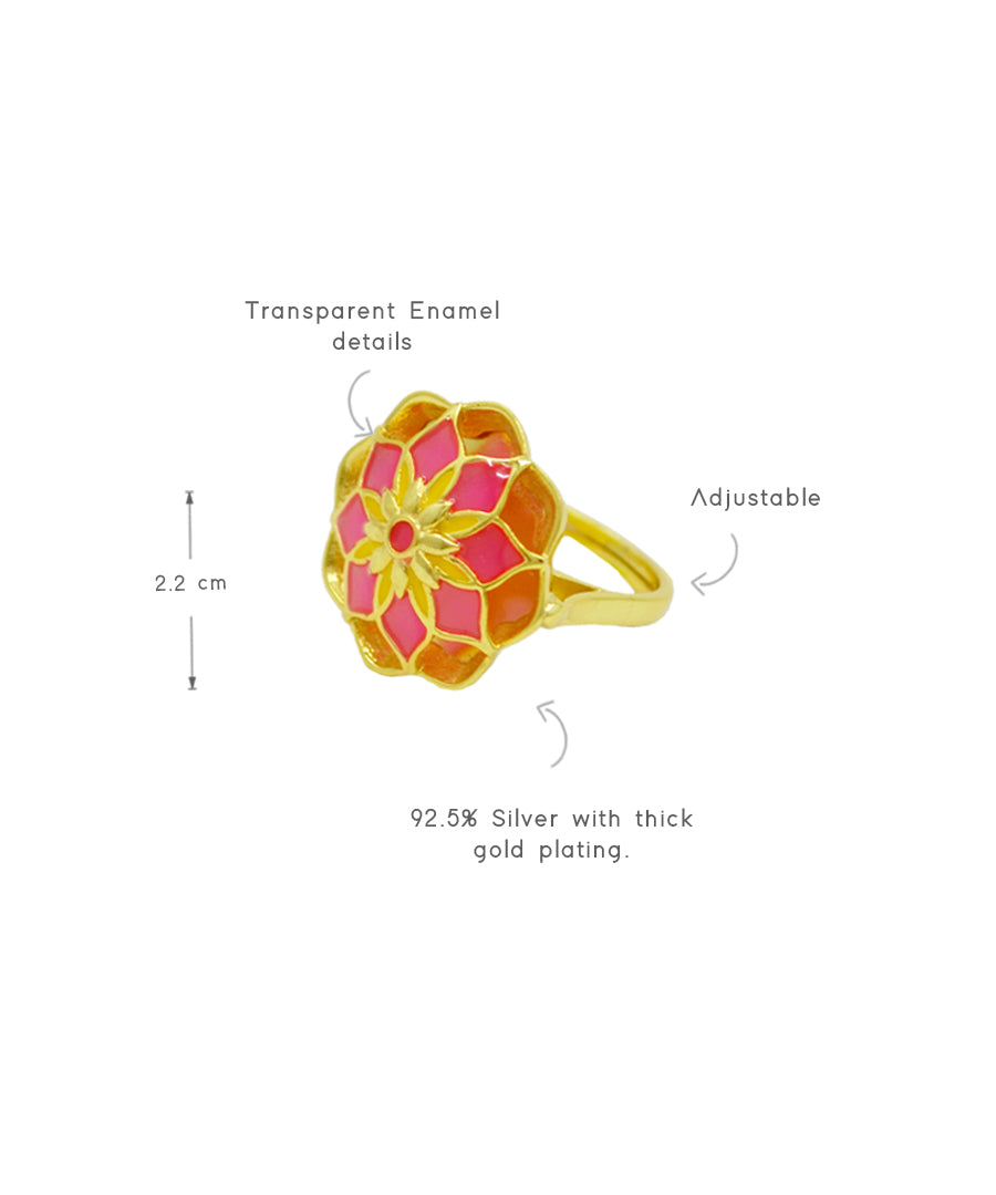 Gul Silver Pink Azizi Ring – Meenakari Cocktail Ring In Gold Finish