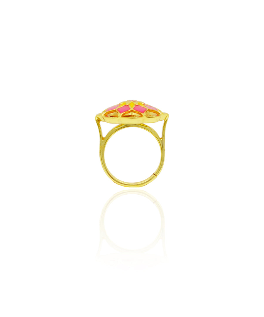 Gul Silver Pink Azizi Ring – Meenakari Cocktail Ring In Gold Finish