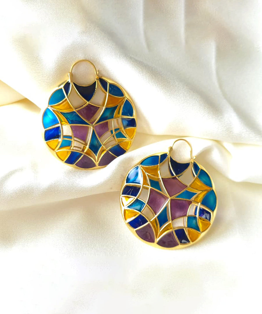Aqua Blue Kaleidoscope Polychrome Hoop Earrings — Gold Finish