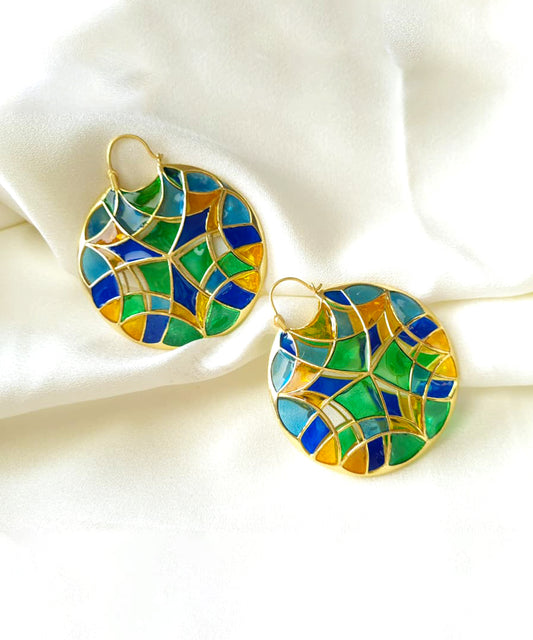 Rama Green Kaleidoscope Varichrome Hoop Earrings — Gold Finish