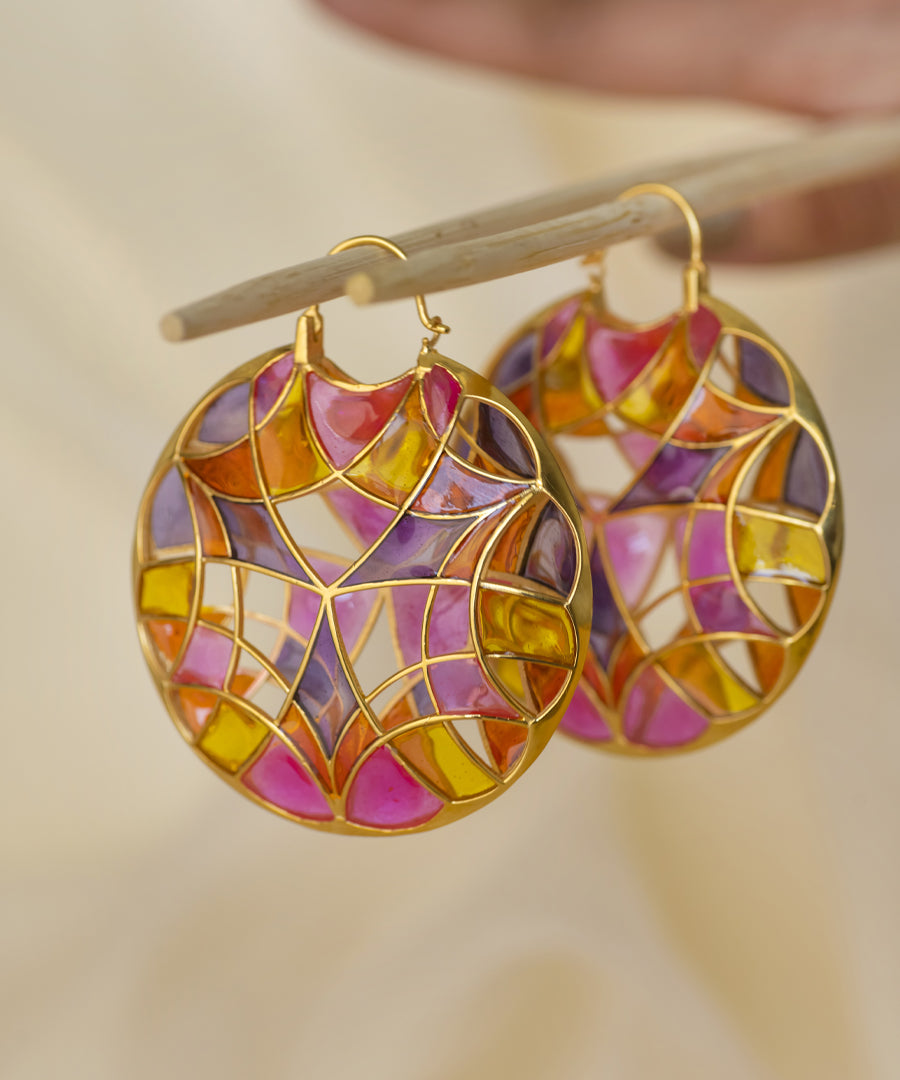 Rust Pink Kaleidoscope Varichrome Hoop Earrings — Gold Finish