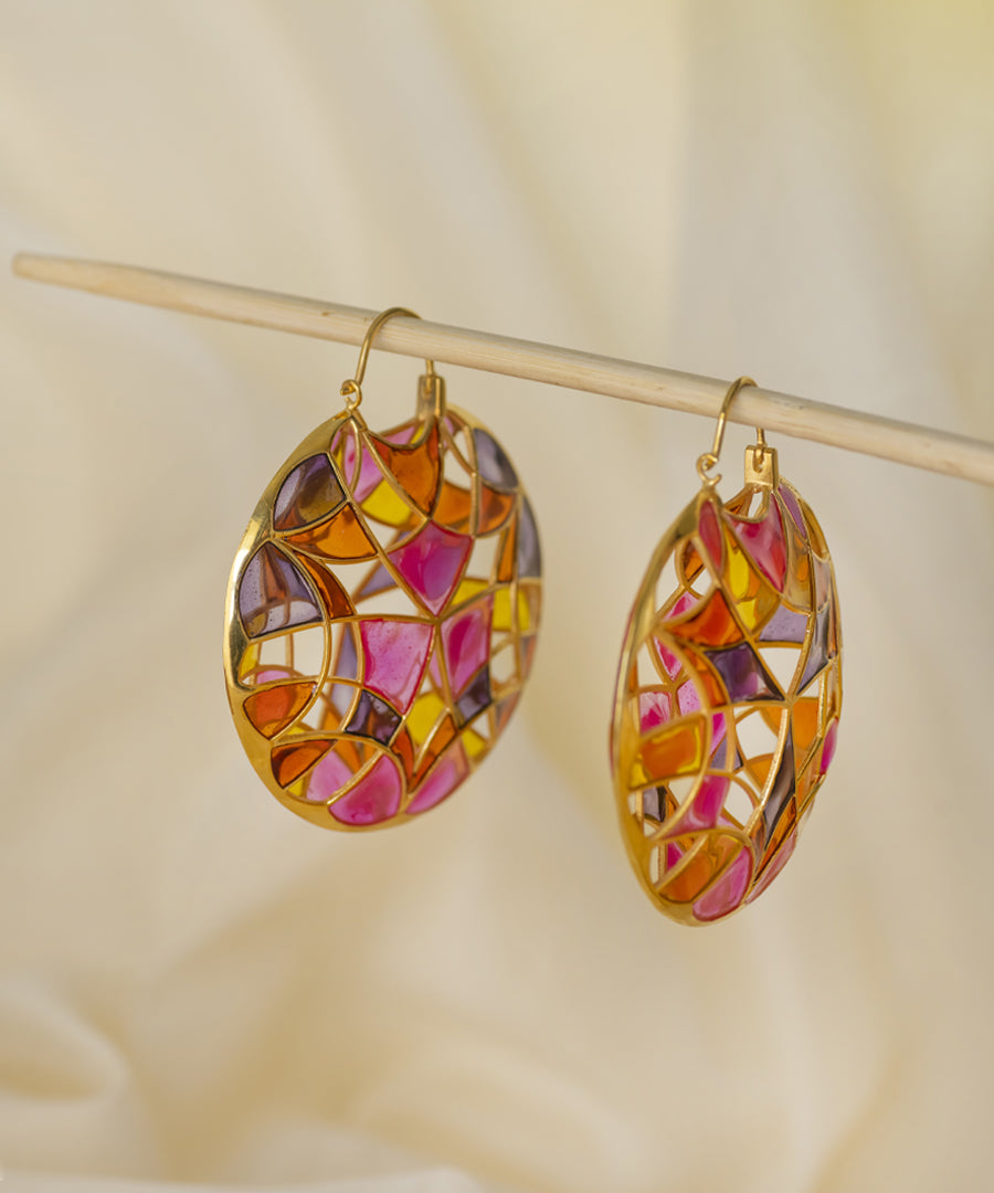 Rust Pink Kaleidoscope Varichrome Hoop Earrings — Gold Finish