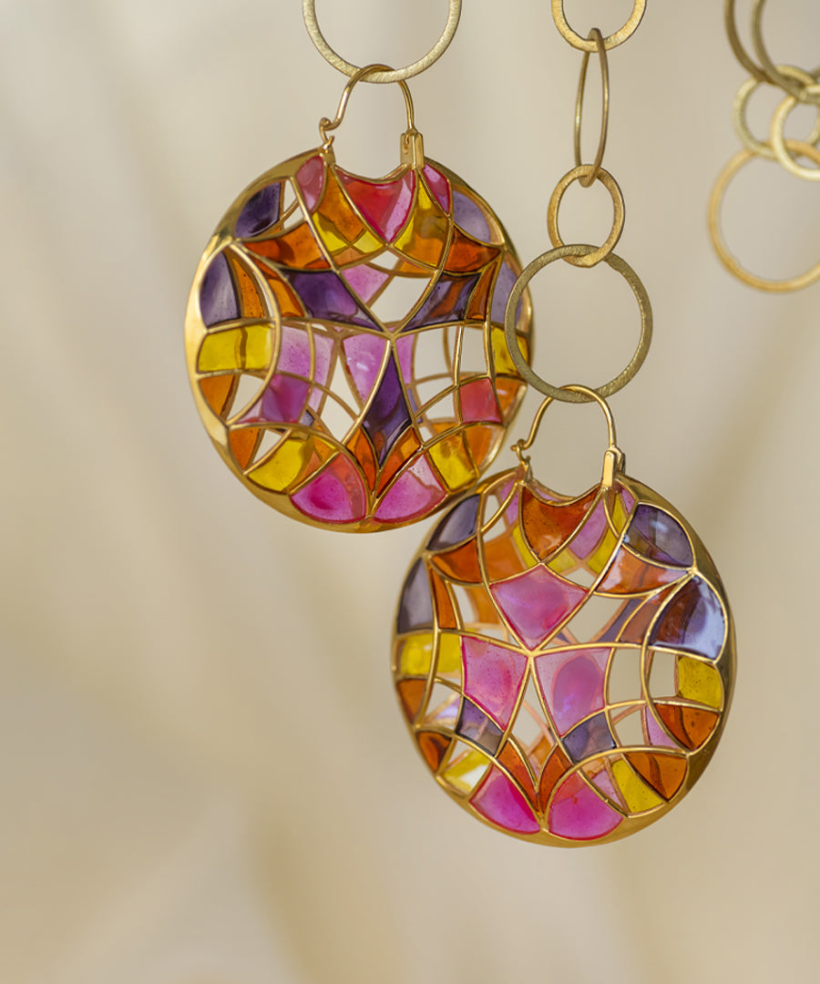 Rust Pink Kaleidoscope Varichrome Hoop Earrings — Gold Finish