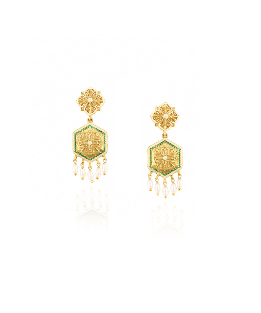 Golden Green Zircon Magnolia Bead Stud Earrings