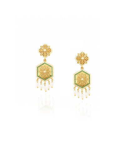 Golden Green Zircon Magnolia Bead Stud Earrings