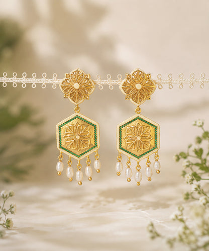 Golden Green Zircon Magnolia Bead Stud Earrings