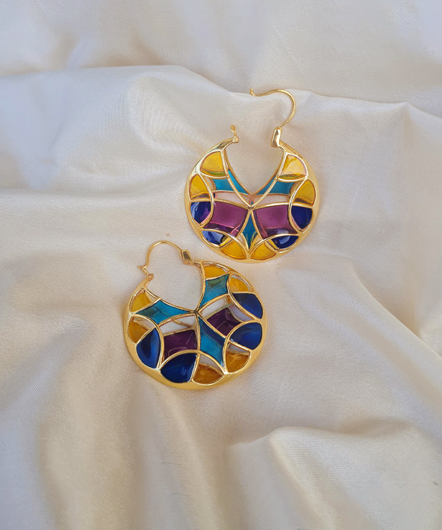 Aqua Blue Kaleidoscope Polychrome Hoop Earrings — Gold Finish