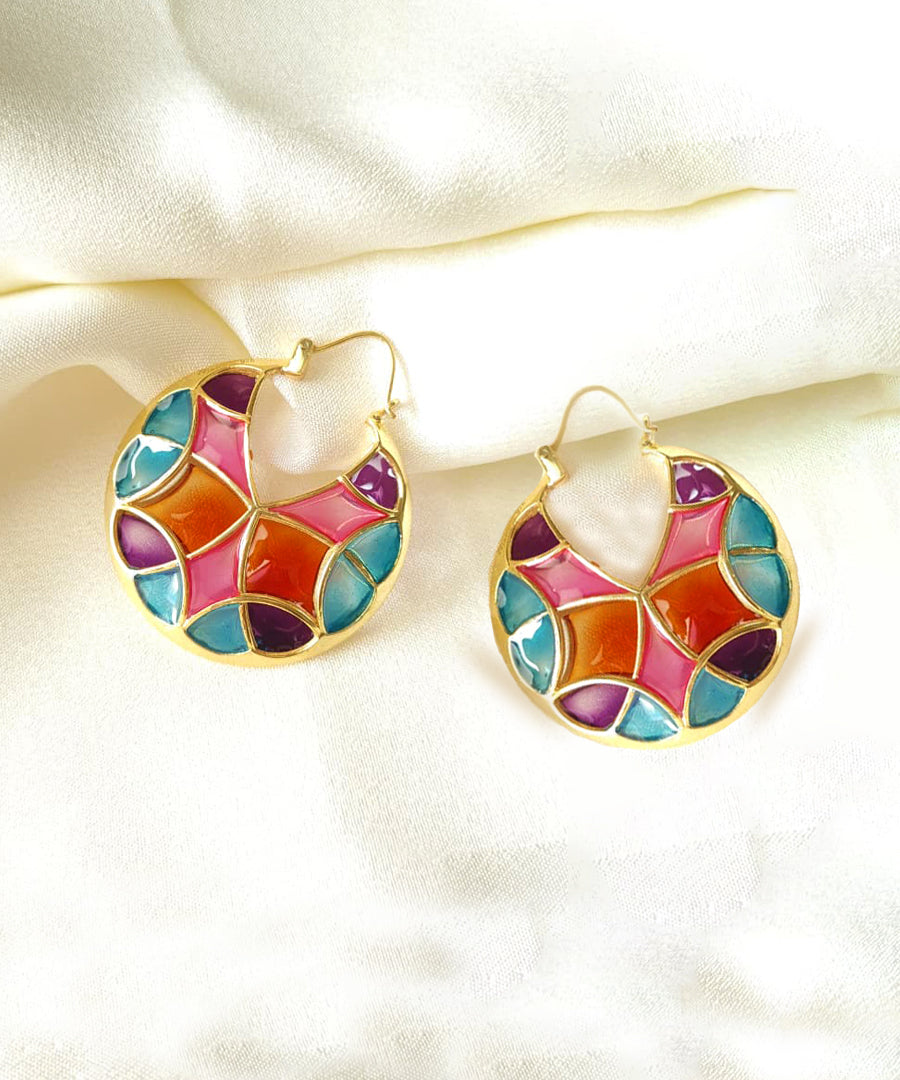 Rust Pink Kaleidoscope Varichrome Hoop Earrings — Gold Finish