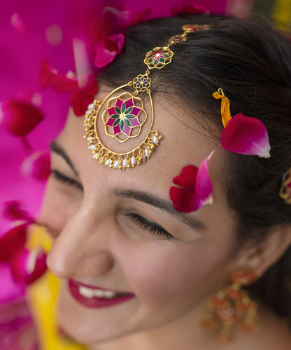 Pink maang tikka. Gold plated and adjustable. Gul collection by Manner.