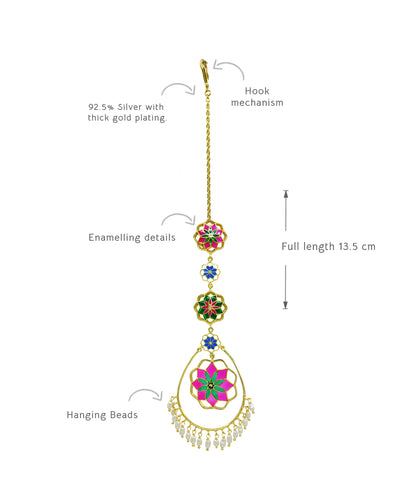Gul Roja Mang Tika - Hot Pink and Green - Meenakari Enamel with Pearls - Head Ornament