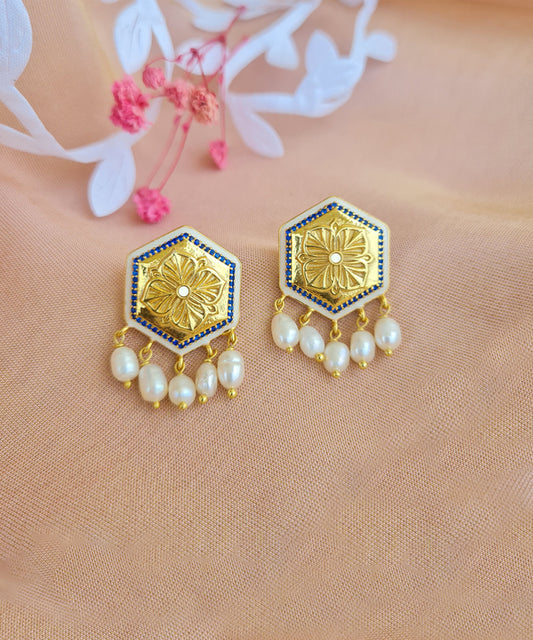 Golden Blue Zircon Magnolia Bead Stud Earring