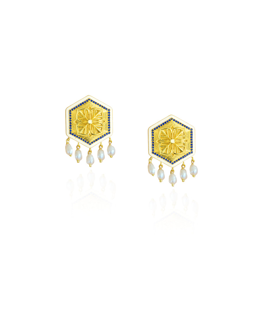 Golden Blue Zircon Magnolia Bead Stud Earring