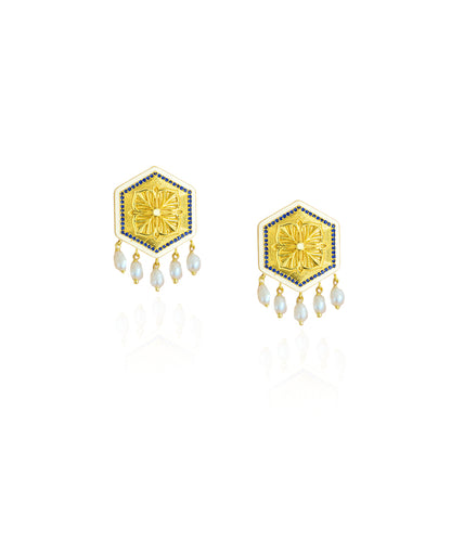 Golden Blue Zircon Magnolia Bead Stud Earring