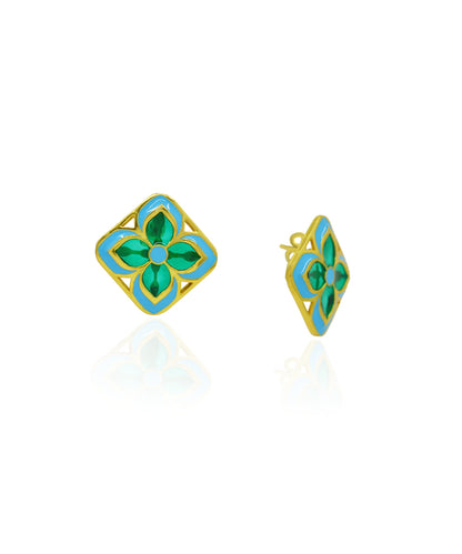 Padma Chameli Stud Earrings - Green & Blue Meenakari