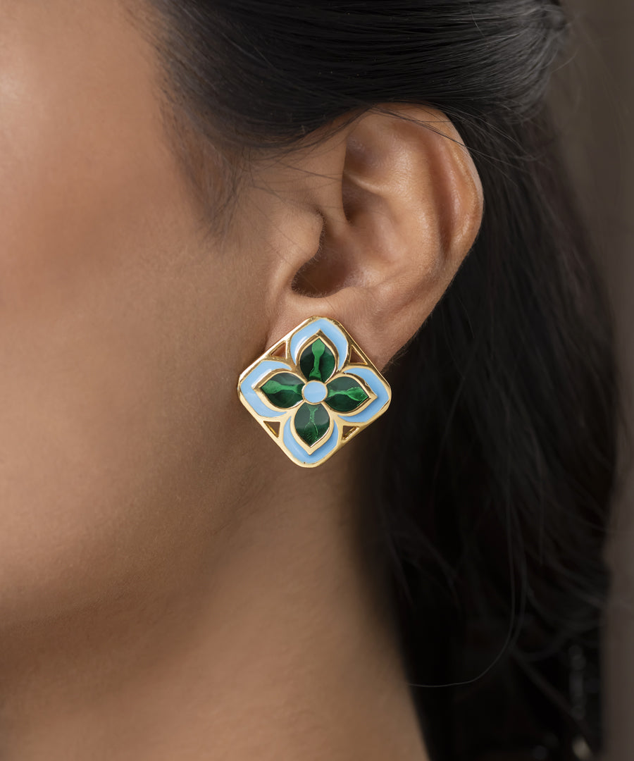 Padma Chameli Stud Earrings - Green & Blue Meenakari