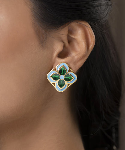 Padma Chameli Stud Earrings - Green & Blue Meenakari