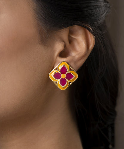 Padma Chameli Stud Earrings - Pink & Orange Meenakari