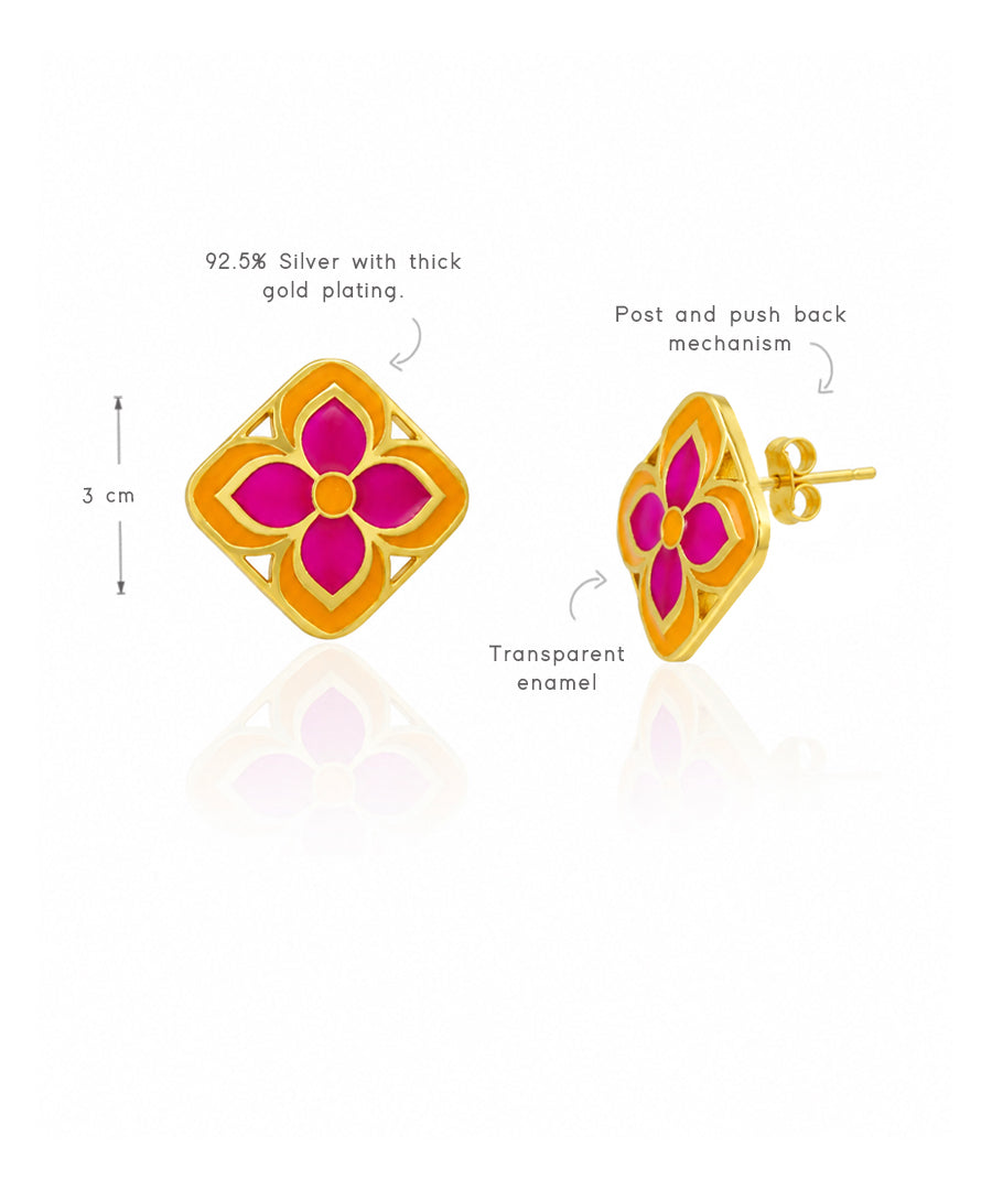 Padma Chameli Stud Earrings - Pink & Orange Meenakari