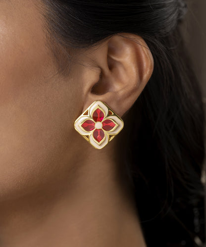 Padma Chameli Stud Earrings - Red & Ivory Meenakari