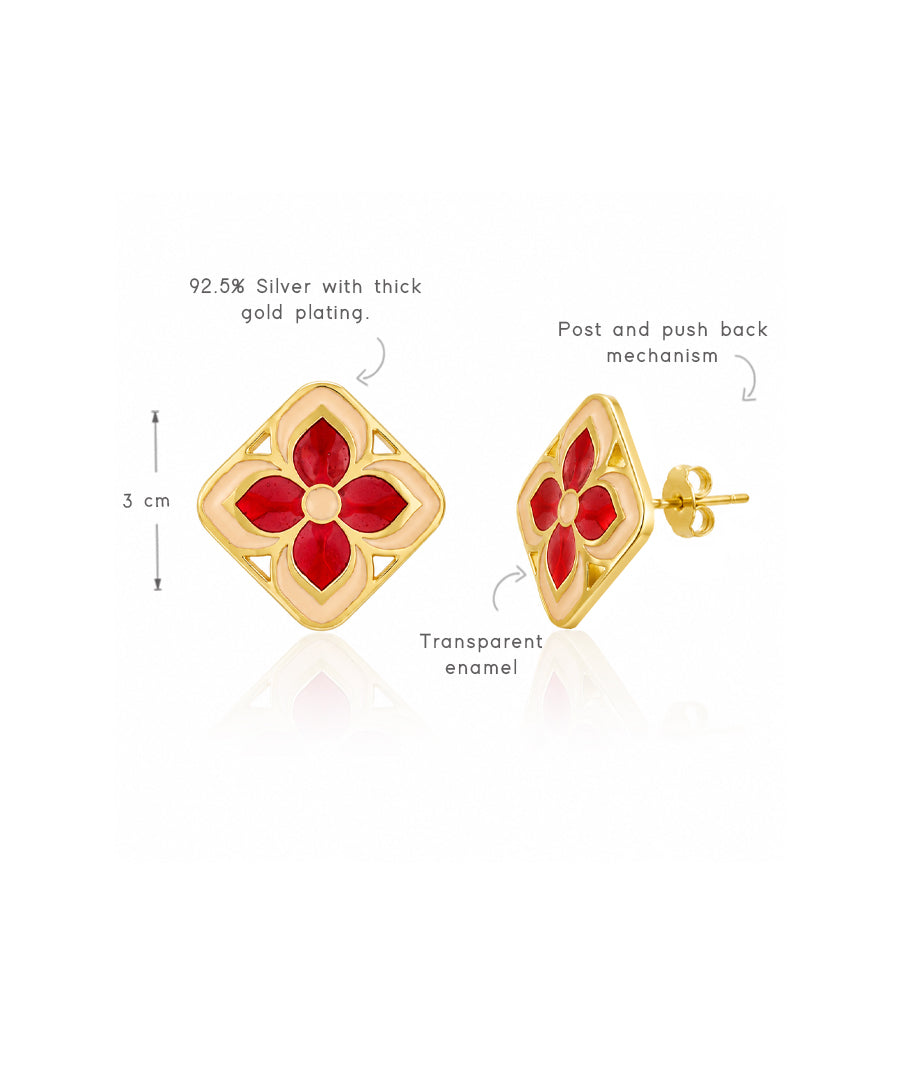 Padma Chameli Stud Earrings - Red & Ivory Meenakari