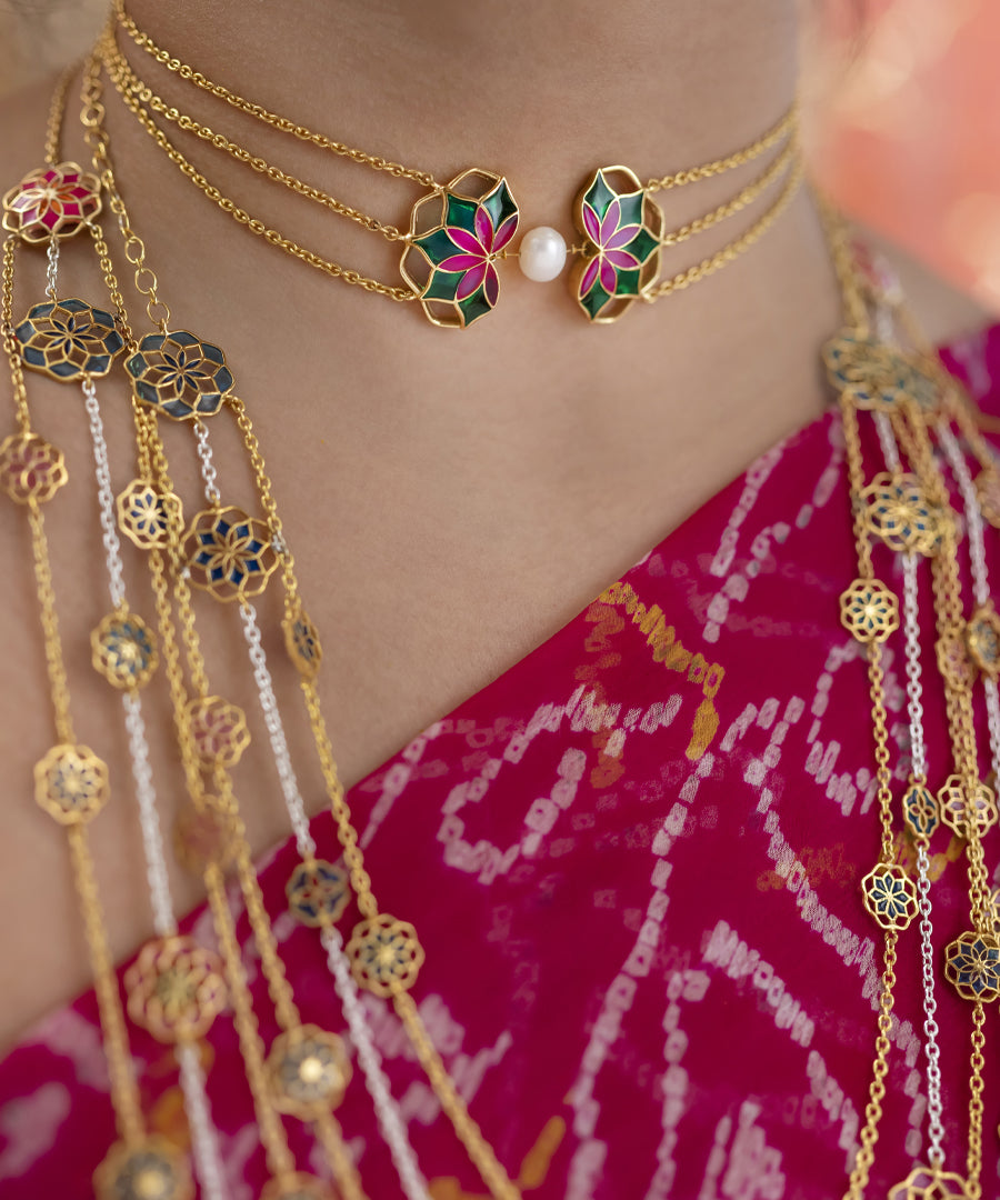 Gul Choker Necklace with Pearl- Emerald Green and Pink Enamel - Adjustable Chain