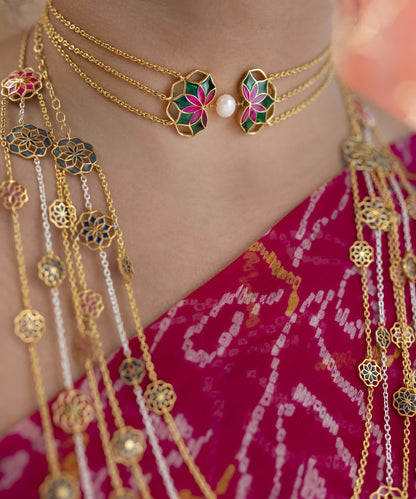 Gul Choker Necklace with Pearl- Emerald Green and Pink Enamel - Adjustable Chain