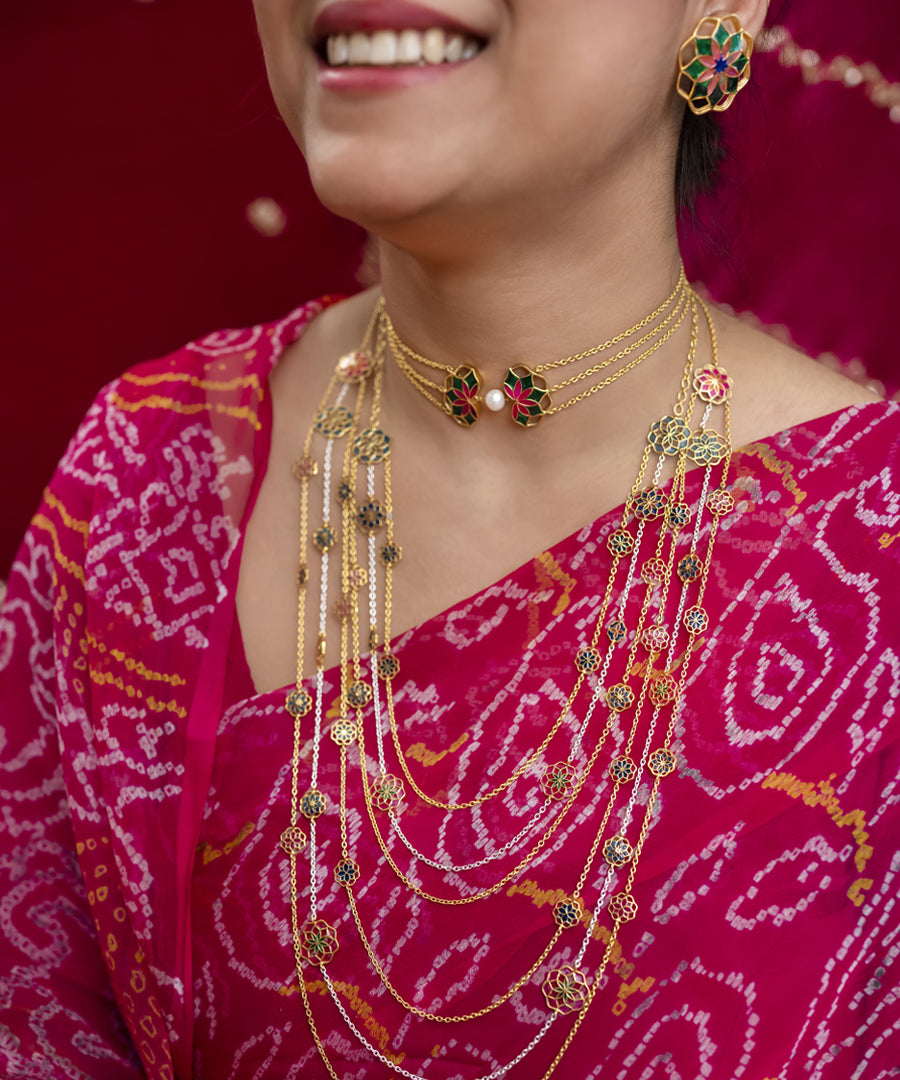 Gul Choker Necklace with Pearl- Emerald Green and Pink Enamel - Adjustable Chain