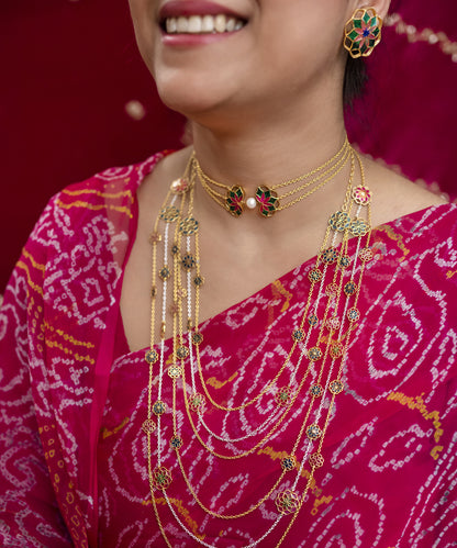 Gul Choker Necklace with Pearl- Emerald Green and Pink Enamel - Adjustable Chain