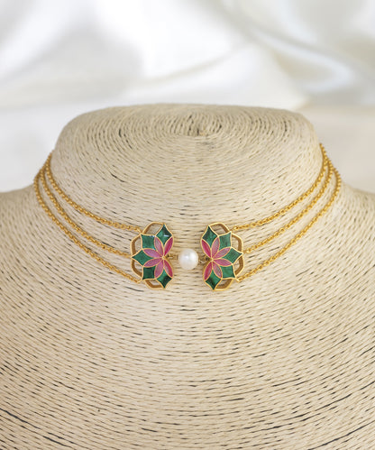 Gul Choker Necklace with Pearl- Emerald Green and Pink Enamel - Adjustable Chain