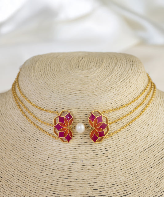Gul Choker Necklace with Pearl- Rani Pink and Orange Enamel - Adjustable Chain
