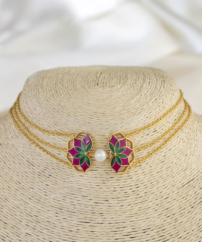 Gul Choker Necklace with Pearl- Rani Pink and Green Enamel - Adjustable Chain