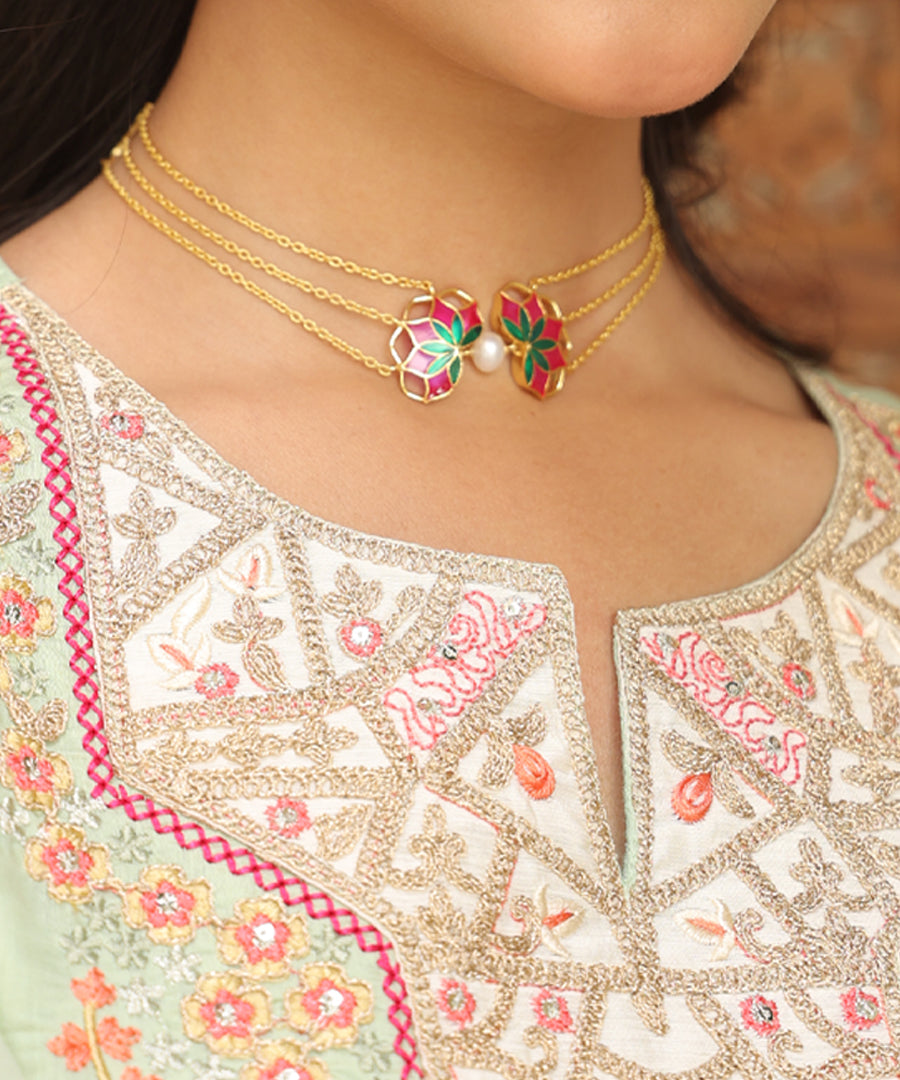 Gul Nuwwar Choker Necklace & Gul Earrings - Gift Box For Women - Sterling Silver