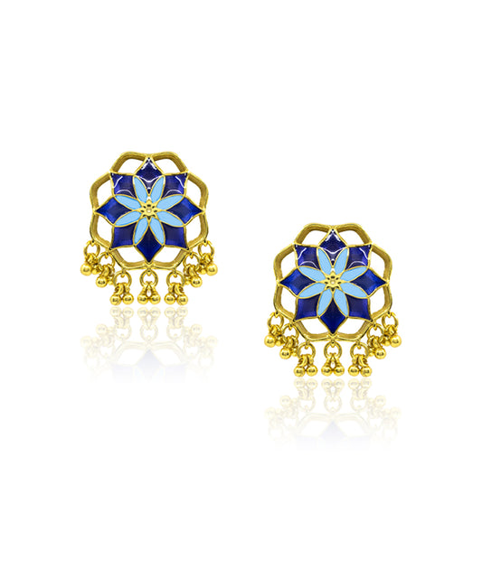 Gul Kumud Stud Earrings — Indigo & Blue Meenakari with Gunghroo