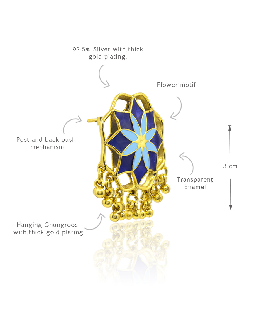 Gul Kumud Stud Earrings — Indigo & Blue Meenakari with Gunghroo