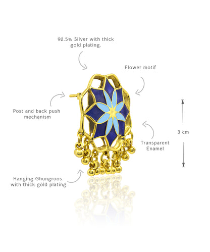 Gul Kumud Stud Earrings — Indigo & Blue Meenakari with Gunghroo